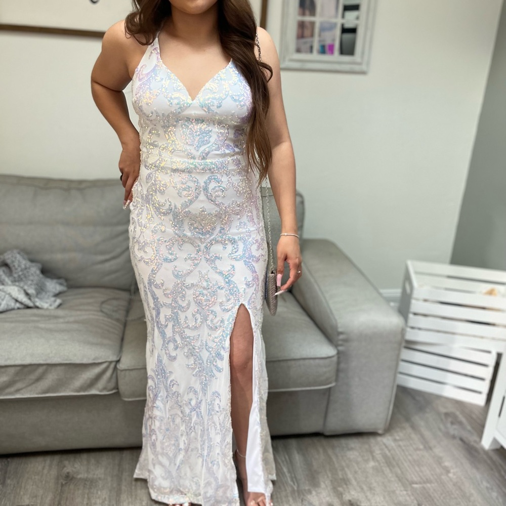 Formal White Sequin dress w crisscross back